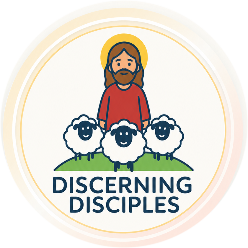 Discerning Disciples — circular logo showing Jesus the Good Shepherd with three sheep and the words DISCERNING DISCIPLES beneath